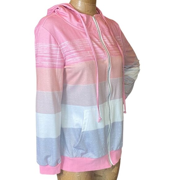 Pink Gray White Colorblock-Stripe Full Zip Hoodie Sz M #198J - Picture 3 of 8